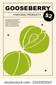 Gooseberry. Set of posters of fruits and citrus in a abstract draw design. Label or poster, price tag. Simple, flat design. Patterns and backgrounds. Perfect for poster, cover, banner.	