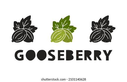 Gooseberry, silhouette icons set with lettering. Imitation of stamp, print with scuffs. Simple black shape and color vector illustration. Hand drawn isolated elements on white background