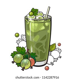 Gooseberry smoothie in sketch style isolated on white background. Cool drink with blended fresh ripe green berries and ice in glass - vitamin beverage with fruits in vector illustration.