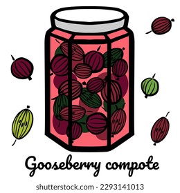 Gooseberry Stewed fruit, Compote, jam in glass jug or jar. Fruits for healthy summer drink. Vector color outline illustration for menu, package design.