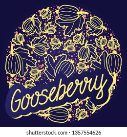 Gooseberry vector circle pattern with lettering. Funny doodle healthy food on a dark background.