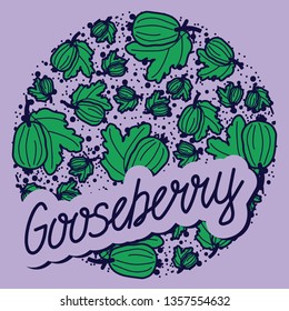Gooseberry vector circle pattern with lettering. Funny doodle healthy food on a light background.
