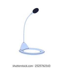 Gooseneck microphone on desk stand for audio sound recording and broadcasting. Professional mic, sound equipment, mike for conferencing. Flat vector illustration isolated on white background