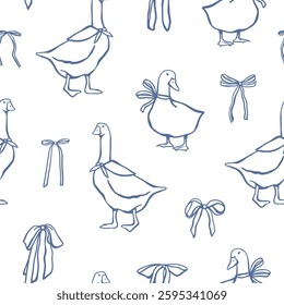 Gooses and bows seamless pattern. Hand drawn farm bird, cottagecore style. Print for fabric, home textile, wrapping paper