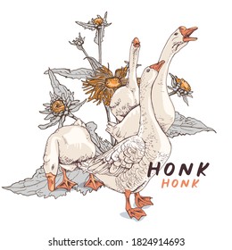 Gooses group in a wildflowers. T-shirt composition, hand drawn style print. Vector illustration.