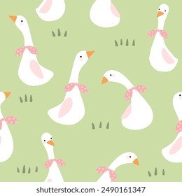 gooses with pink  polka dot bows in garden seamless pattern , vector illustration