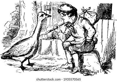 Goosey Gander, esta escena muestra a un niño sentado mirando a la pandilla de Goosey parado frente a él, un niño que lleva un codazo en su hombro, dibujo de una línea vintage o ilustración grabadora