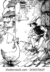 Goosey Gander, this scene shows a seated  man wore cap and looking at Goosey gander standing in front of him, geese in background, vintage line drawing or engraving illustration