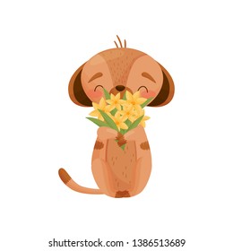 Gopher sniffs a bouquet. Vector illustration on white background.