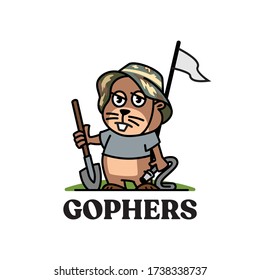 gophers mascot wearing a military hat carrying a shovel and a hose on a golf course