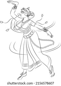Gopika or Sevika, lord's servants drawn in Indian folk art form Kalamkari, for textile printing, coloring book, textile fabric prints, phone case, and greeting cards. logo, calendar