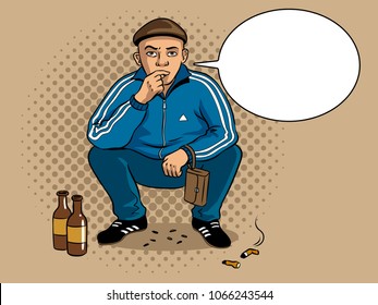 Gopnik russian hooligan man pop art retro vector illustration. Colorful background. Text bubble. Comic book style imitation.