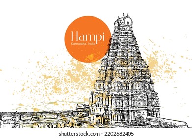 Gopuram del Templo Virupaksha, Hampi, India vector hand dibujo ilustración 