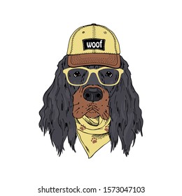 Gordon Setter breed dog wear glasses, cap, bandana isolated on white background Symmetrical pet head. Realistic hand drawn vector illustration.