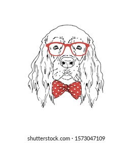 Gordon Setter breed dog wear red glasses, tie bow isolated on white background Symmetrical pet head. Realistic hand drawn vector illustration.