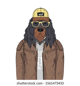 Gordon Setter breed Hipster portrait. Fashion anthropomorphic dog illustration. Animal dressed up in leather jacket, hoodie, cap and glasses. Modern urban city look. Hand drawn vector.