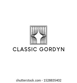 Gordyn curtain silk fabric vector design illustration logo template for interior, home decor, apartment, hotel, theatre, exhibition, textile logo with flat line icon logo