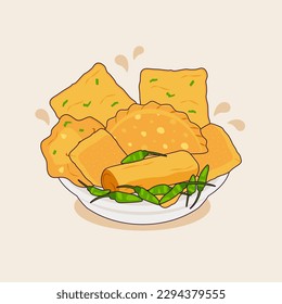 gorengan collection gorengan indonesia vector. illustration of indonesian traditional fried food. tempe. tofu. bakwan. chili.  pastel mendoan. risol.  street food. snack on the top plate flat design