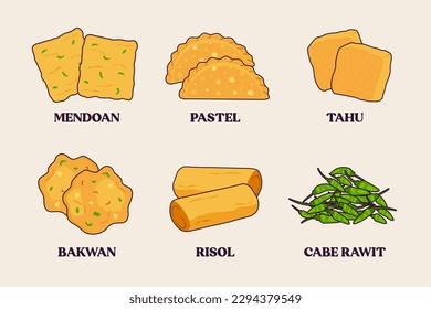 gorengan indonesia vector. illustration of indonesian traditional fried food. tempe. tahu. tofu. bakwan. chili. cabai rawit. pastel mendoan. risol. junk food. fast food. street food.isolated set snack