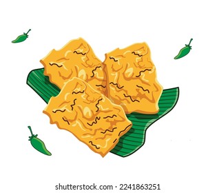 Gorengan Tempe diatas daun pisang - Fried Soy on banana leaf with cayenne  - Indonesian street food traditional culinary cartoon illustration isolated on a white background