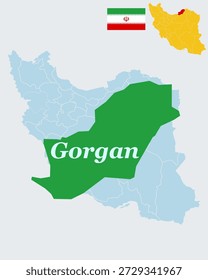 Gorgan Iran Map and Flag - Golestan Province Capital, Hyrcanian Forest Gateway Vector Outline