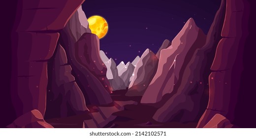 Gorge in rocks or mountains at night. Game location, magic world with planet and stones. Travel in wonderland or adventures time, vector background