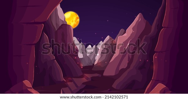 Gorge in rocks or mountains at night. Game\
location, magic world with planet and stones. Travel in wonderland\
or adventures time, vector\
background