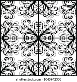 Gorgeous abstract design for textile, tiles or wallpapers in baroque style. Seamless pattern. White and black colors. Vector illustration eps10.
