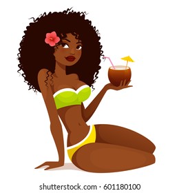 gorgeous African American girl in bikini enjoying a coconut drink. Beautiful black woman, cartoon pin up girl. Isolated.