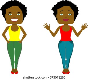 Gorgeous African American girl with various emotions in blue and yellow pants