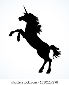 Gorgeous ancient fantastic pride hoof mare pet stand hind up on paper space for text. Dark ink hand drawn cute folklore strength steed beast heraldry emblem poster in retro art contour engraved print 