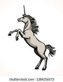 Gorgeous ancient fantastic pride mare pet stand hind up on paper space for text. Freehand outline black ink hand drawn cute steed beast heraldry emblem poster sketchy in retro art doodle engrave style