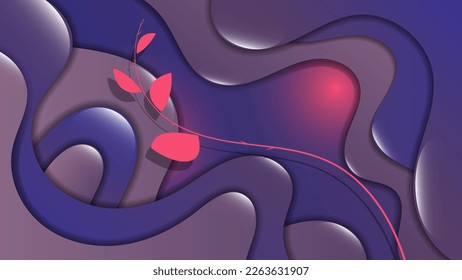 Gorgeous art wallpaper in beige and blue tones. Smoothly curved scarlet branch with leaves against the background of overlapping abstract shiny wavy shapes. Vector.
