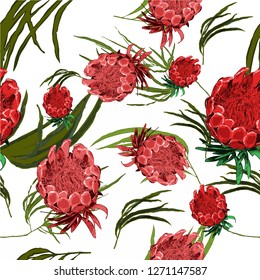 Gorgeous Australian Native King Protea Flowers and Eucalyptus Leaves form a lovely seamless floral repeating pattern.