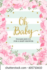 Gorgeous baby shower invitation card with mint stripes, pink peonies and golden glitter text please join us