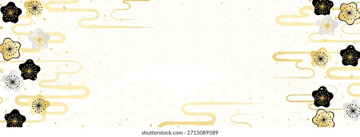 Eine wunderschöne Hintergrundgrafik, die Gold- und Silberpflaumenblüten und verschiedene traditionelle japanische Muster kombiniert