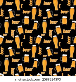 Gorgeous beer seamless pattern. Various glasses with foamy beer and inscriptions are chaotically located on a black background. Vector