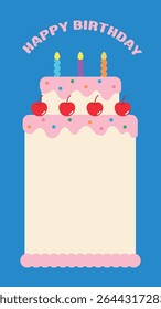 A gorgeous birthday cake frame background decorated with cherries and candles. Festive pink icing with sprinkles is perfect for anniversaries, party invitations, and birthday themes.