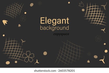 Gorgeous black background gold elements of different transparency. Vector horizontal background space for copying. Abstract gold elements and figures in flat style. Elegant business design, business