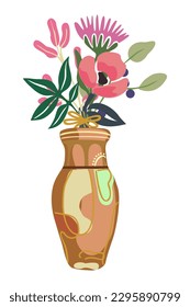 Gorgeous blooming flowers in vase isolated on white background. Wildflowers bouquet, decorative floral design element for cards, wall arts. Cartoon colorful vector illustration. Digital sticker