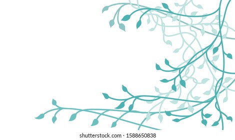 Gorgeous blue green floral plant leaves or ivy vines on white background in beautiful corner border design element with copyspace to add your own text, vector colors are editable