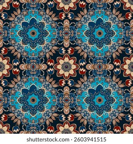 Gorgeous boho pattern with mandalas, flowers and leaves on blue and black background. Seamless textile print in ethnic style.