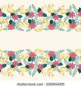 Gorgeous border in small garden sweet flowers. Millefleur. Floral cute background for textile, wallpaper, pattern fills, covers, surface, print, gift wrap, scrapbooking, decoupage.