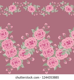 Gorgeous border in small garden sweet flowers of rose. Millefleur. Floral cute background for textile, wallpaper, pattern fills, covers, surface, print, gift wrap, scrapbooking, decoupage.
