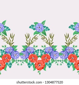 Gorgeous border in small garden sweet flowers. Millefleur. Floral cute background for textile, wallpaper, pattern fills, covers, surface, print, gift wrap, scrapbooking, decoupage.