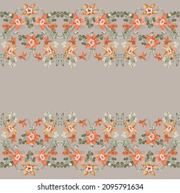 Gorgeous border in small garden sweet flowers. Millefleur. Floral cute background for textile, wallpaper, pattern fills, covers, surface, print, gift wrap, scrapbooking, decoupage.
