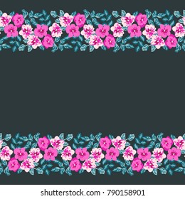 Gorgeous border in small garden sweet flowers. Millefleur. Floral cute background for textile, wallpaper, pattern fills, covers, surface, print, gift wrap, scrapbooking, decoupage.