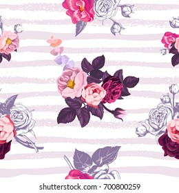 Gorgeous botanical seamless pattern with small half-colored bouquets of wild roses against lilac horizontal paint trails on background. Vector illustration for festive backdrop, textile print.