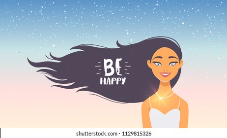 Gorgeous brunette lady with long hair and sample text. Vector illustration. Young and happy woman