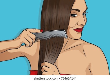 Gorgeous brunette woman brushing her healthy hair